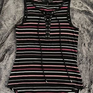 WHBM black sleeveless striped blouse.